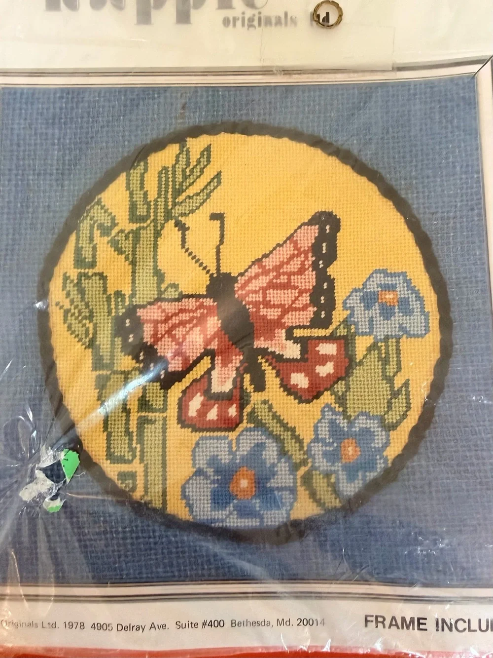 70s Butterfly & Bamboo Needlepoint Kit - Yellow, Blue, Pink